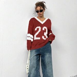 Color block Number 23 V-Neck Drop Shoulder Seeater